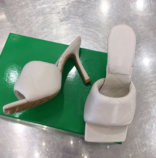Square Head Type High Heel Thick Heel Leather White - Shop at LoveMi