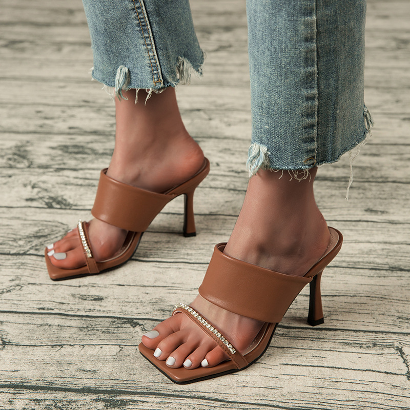 Stiletto High Heels Square Toe Sandals With Rhinestone Outer Wear Sandals And Slippers Women