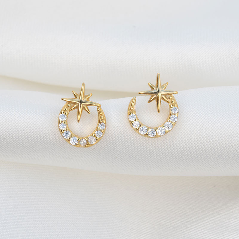 S925 Sterling Silver Super Fairy Moon Moon Star Diamond Stud Earrings