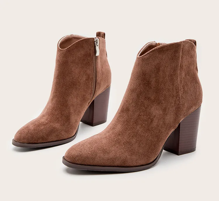 Shoes European And American Foreign Trade Fashion Suede Short Boots Thick Heel Ladies Boots - Khaki