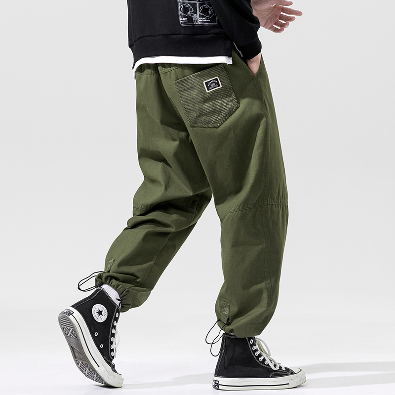 Contrasting Color Stitching Drawstring Ankle Cropped Slacks