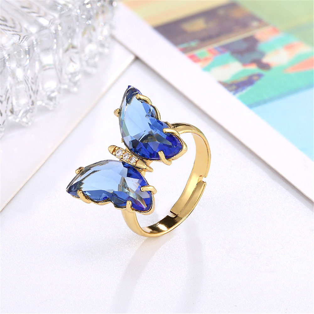 Butterfly Ring Opening Butterfly Glass Crystal Crystal Copper Inlaid Zircon Electroplated Real Gold