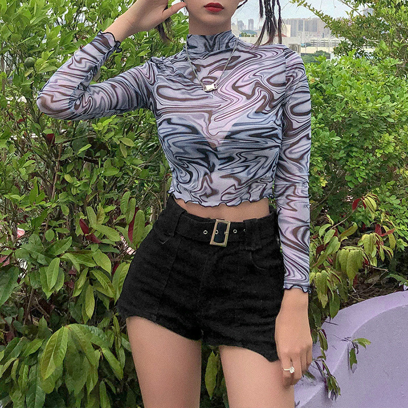 Fashion Printed Half-high Neck Long-sleeved Slim Cropped T-shirt