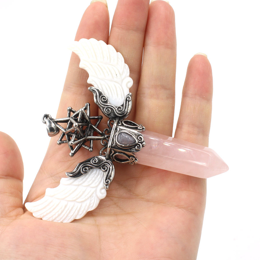 Natural Crystal Big Hexagonal Column Angel Wing Magic Tool Aura Pendant Ornaments Energy Scepter
