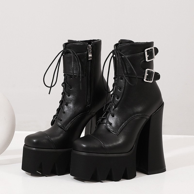 High Heel Thick Heel Platform Belt Buckle Lace-up Women's Boots