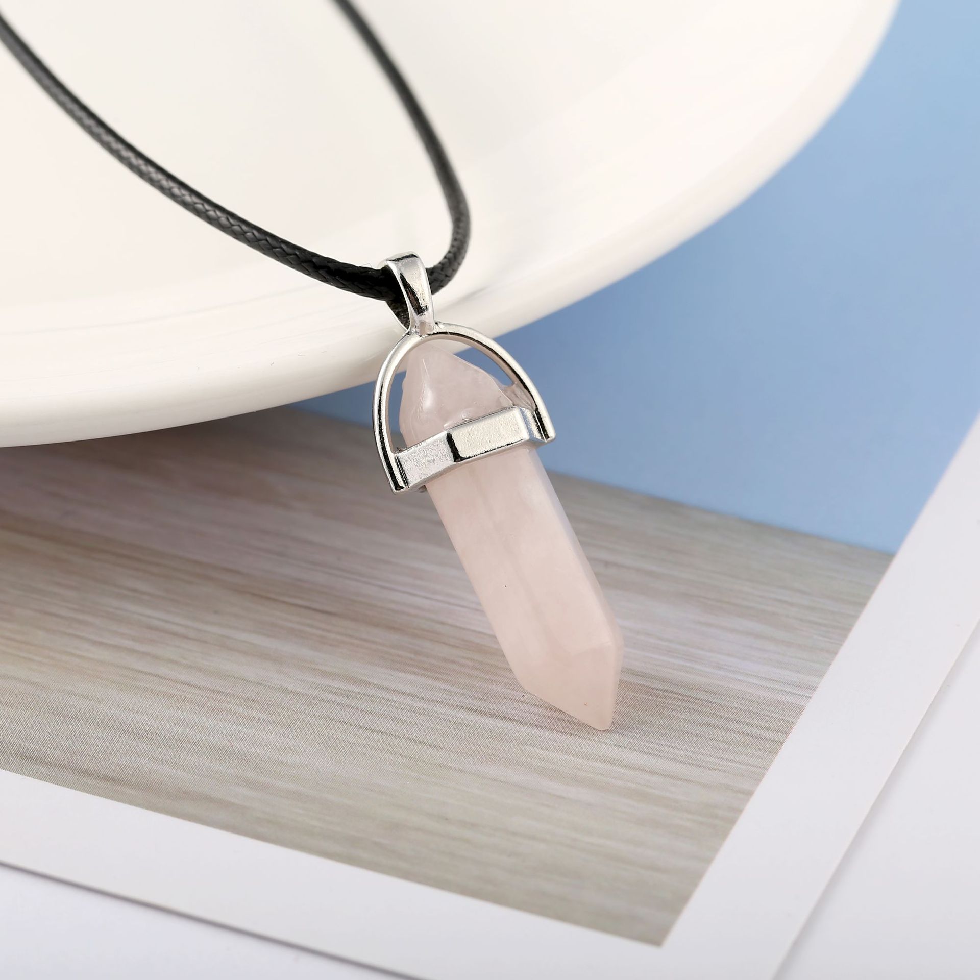 Natural Stone Bullet Hexagon Pillar Necklace Style 9 Pink Crystal - Shop at LoveMi