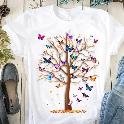 New Summer Short Sleeved t Shirt Women's Student Loose Plus Size Women's Korean Style All Match Blouse Butterfly Tree White - Shop at LoveMi