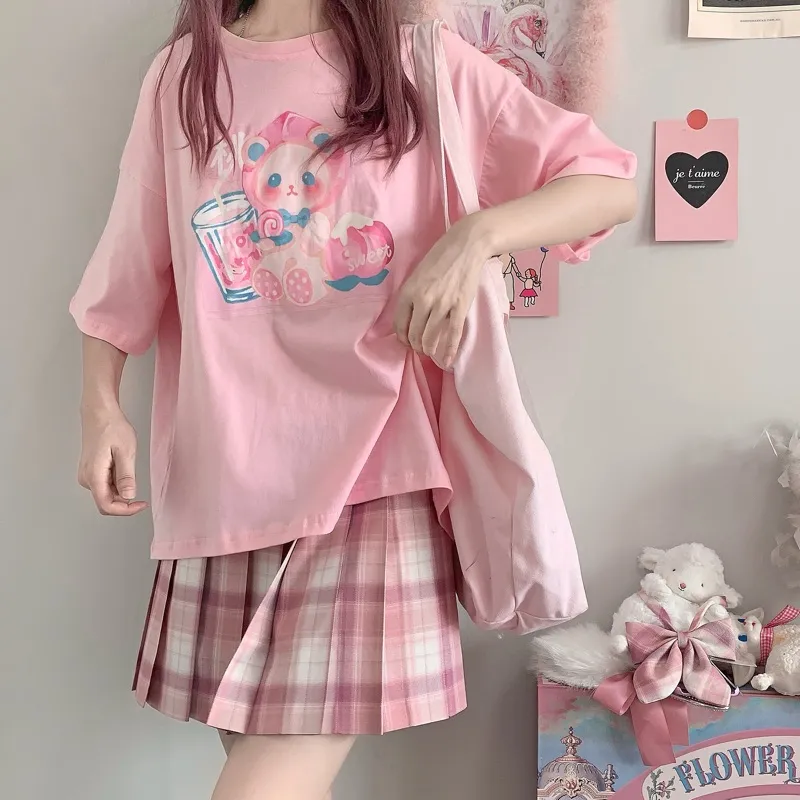 Peach Juice Print Cute T-Shirt Short-Sleeved Female Japanese Soft Girl White Pink Cotton Summer - Pink
