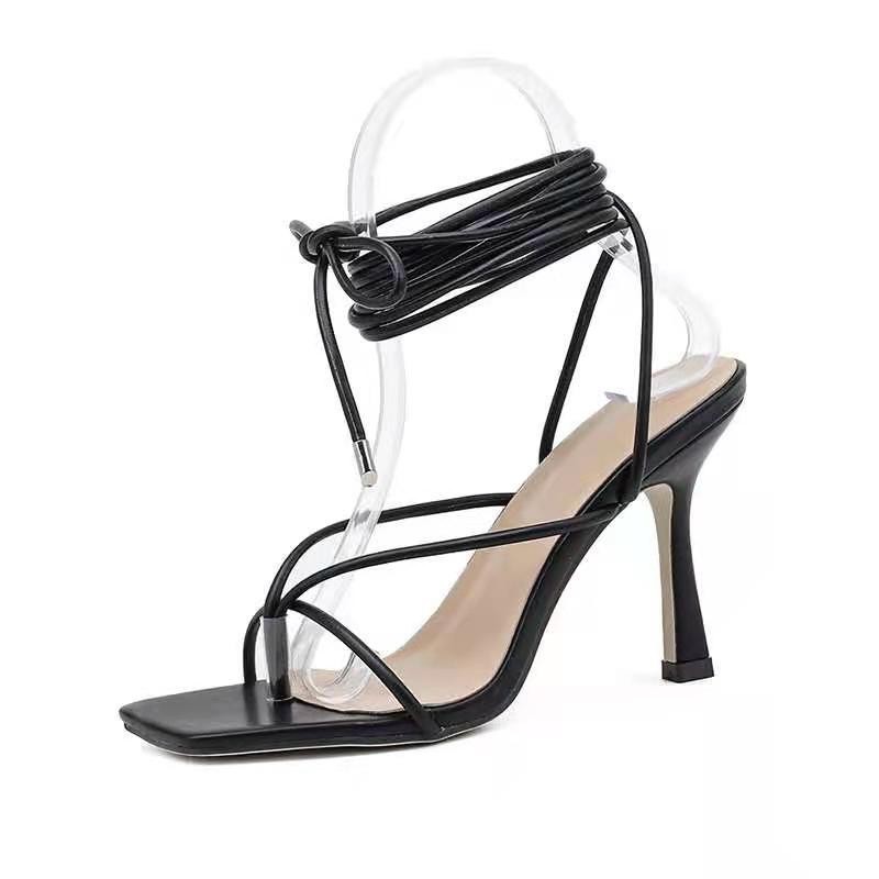 European And American New Fashion Kardashian Square Toe Open Toe Sexy Solid Color Simple Strappy Roman High-Heeled Sandals Women