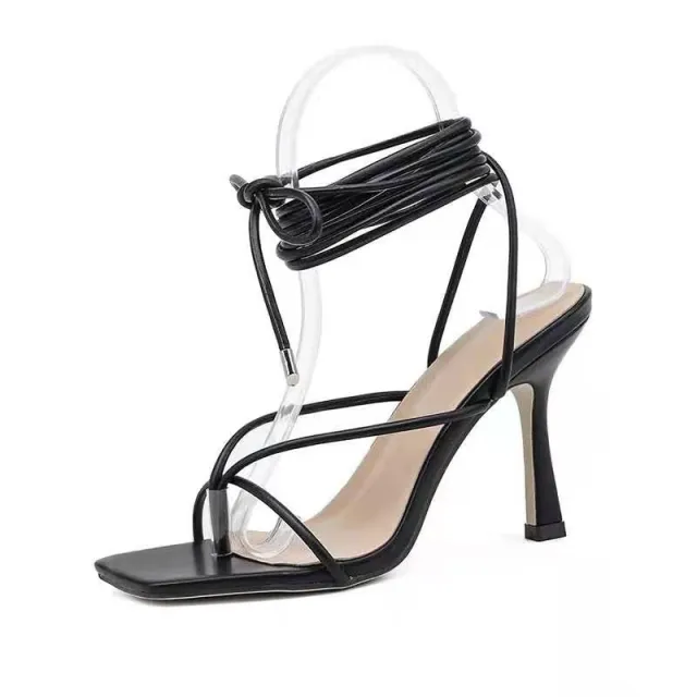 European And American New Fashion Kardashian Square Toe Open Toe Sexy Solid Color Simple Strappy Roman High Heeled Sandals Women Black - Shop at LoveMi