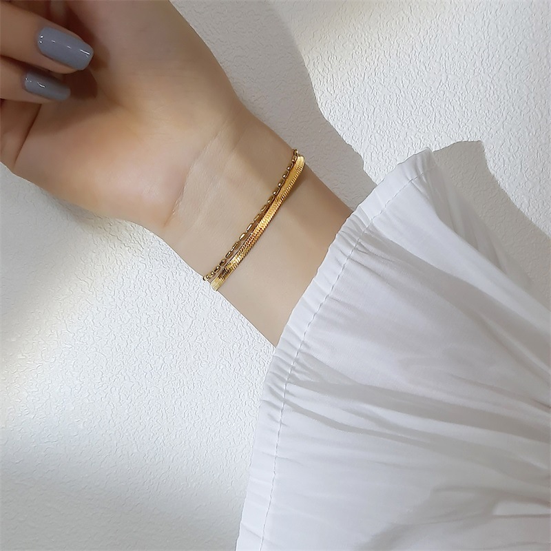 Flat Snake Bead Bracelet Stainless Steel Bamboo Link Double Chain Golden Ladies