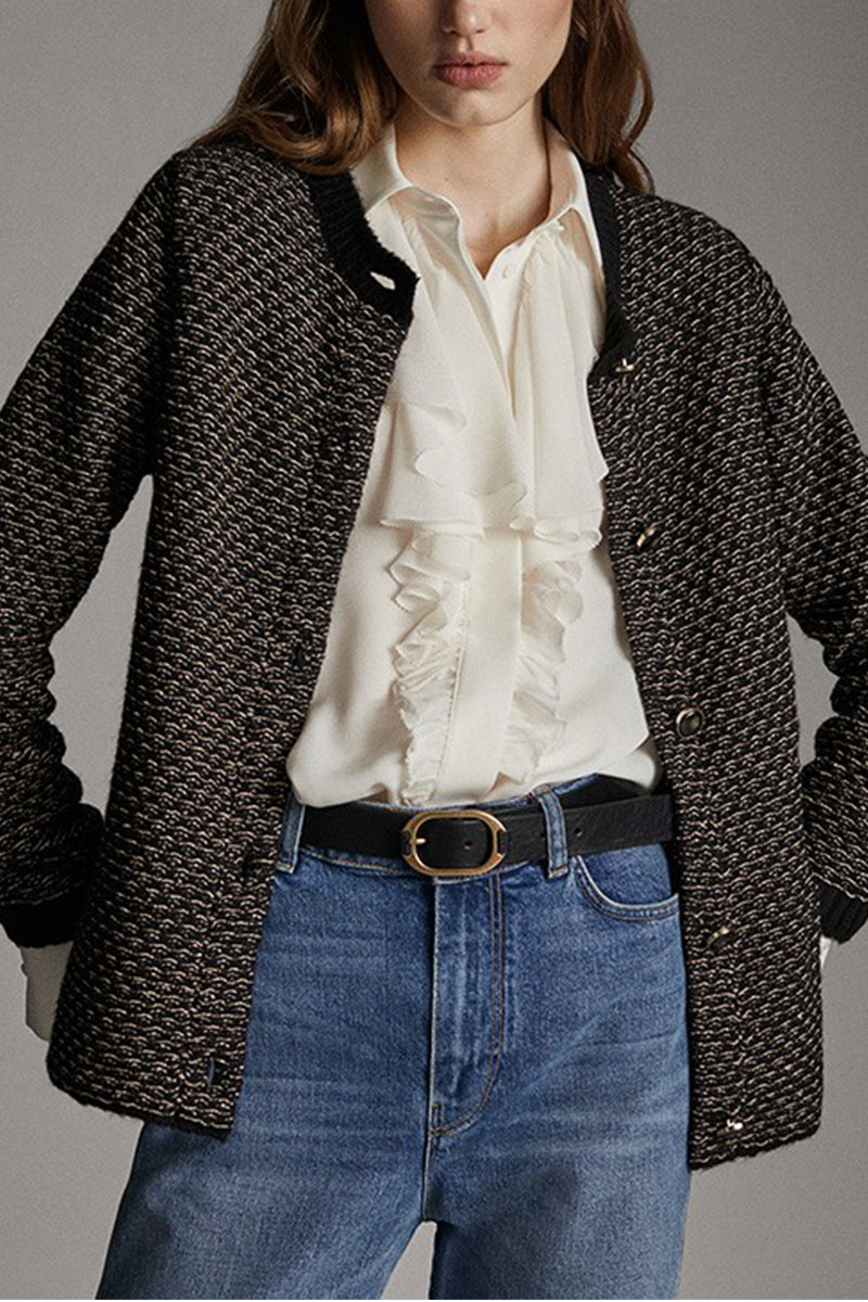 Black Textured Long-Sleeved Knitted Cardigan Short Coat