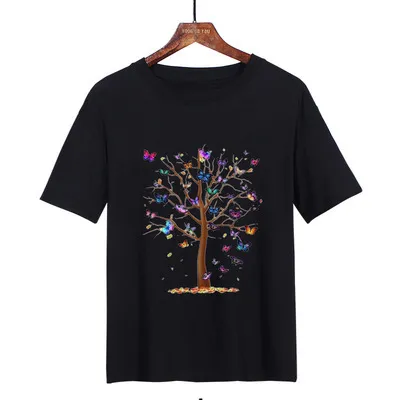 New Summer Short Sleeved t Shirt Women's Student Loose Plus Size Women's Korean Style All Match Blouse Butterfly Tree Black - Shop at LoveMi