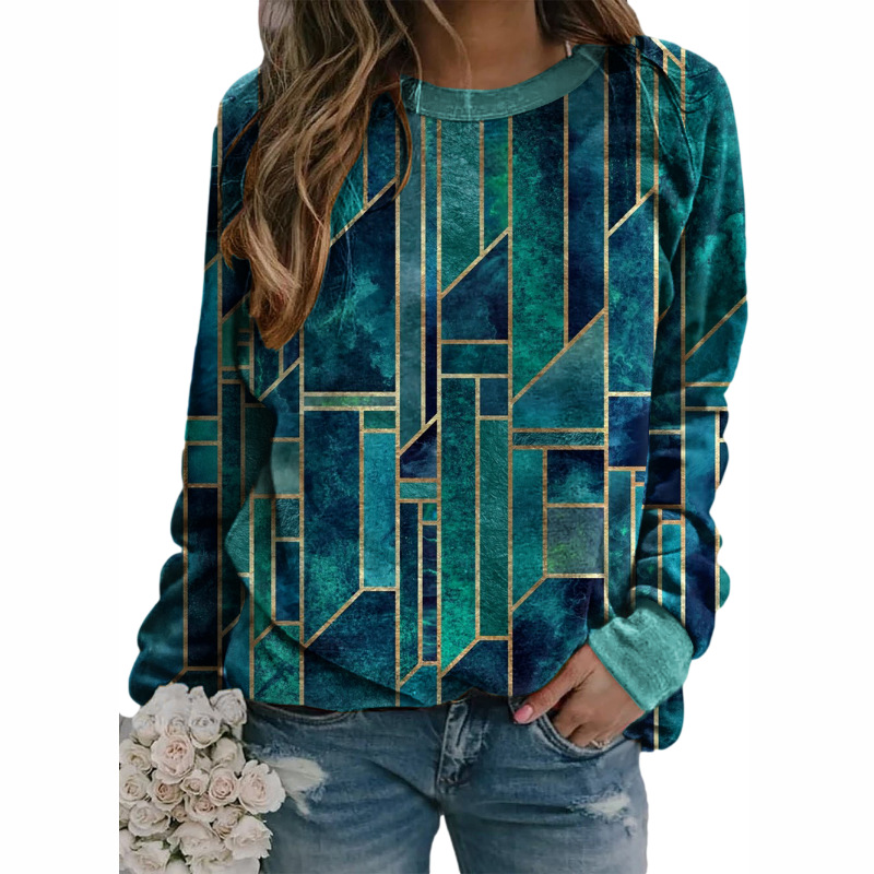 Geometric Pattern Round Neck Long Sleeve Loose Ladies Sweatshirt