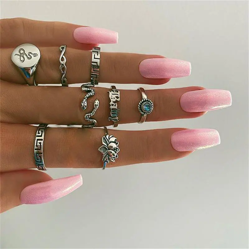 Vintage Popular Lotus Snake-Shaped Ring 8-Piece Diamond Set Jewelry