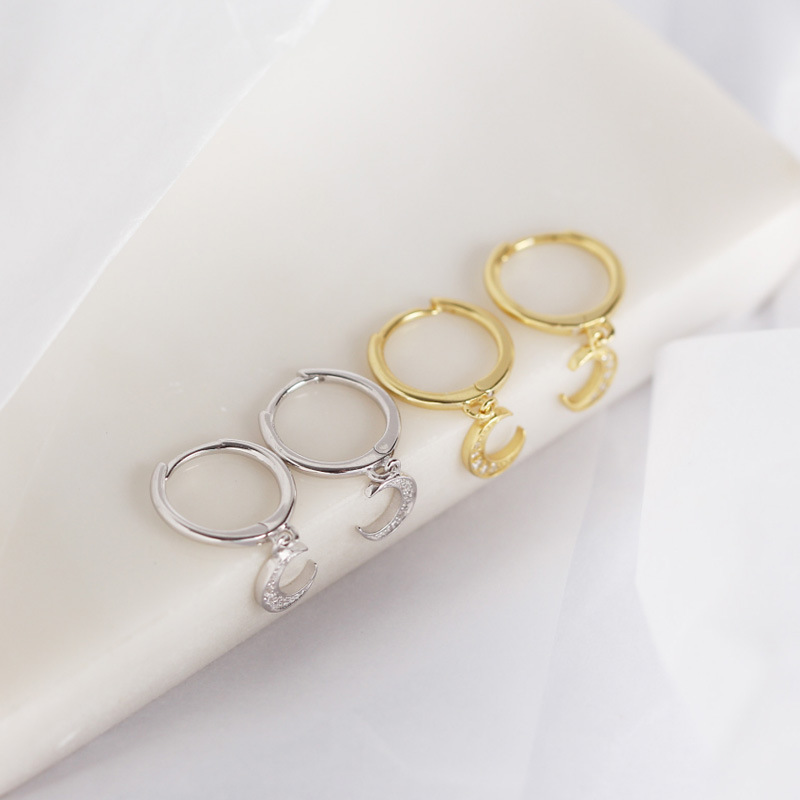 European And American Cross-Border Hot sale Moon White Fungus Buckle S925 Sterling Silver With Diamond Stacking Earrings