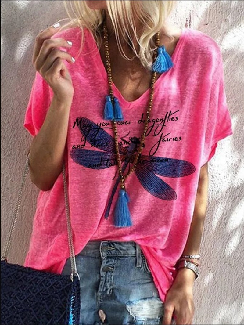Summer Women'S Fashion V-Neck Short Sleeve T-Shirt Loose Dragonfly Print Top Casual Large T-Shirt For Women