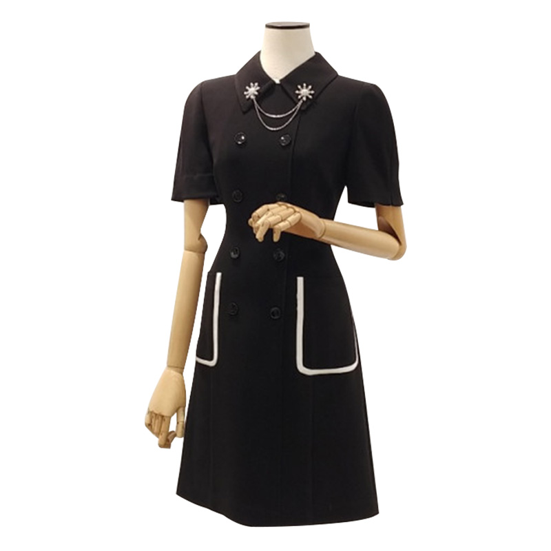 Spring and Summer New Korean Fashion Doll Collar Dress Advanced Black and White Contrast Stitching Slim Double Breasted Dress White - Shop at LoveMi