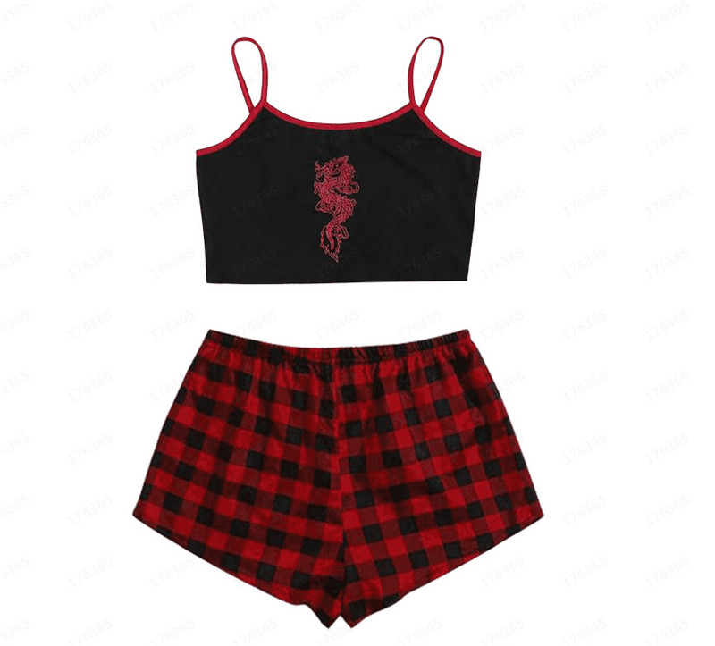 Printed Umbilical Camisole Red Plaid Casual Trousers Suit