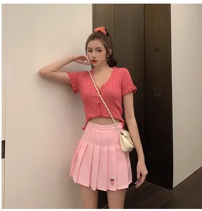 Autumn New Apricot Plaid High Waist Pleated Skirt Skirt Female Pink - Shop at LoveMi