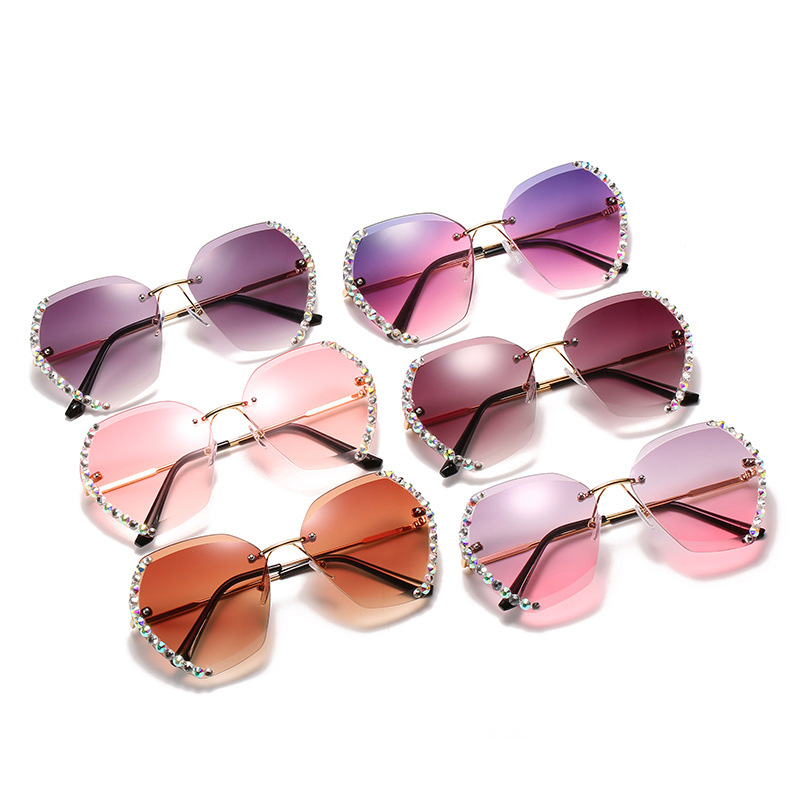 Rimless Sunglasses With Diamond-Studded Polygonal Sunglasses - Image 7
