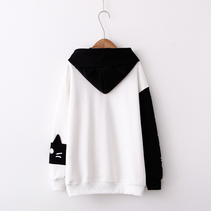 College Style Cartoon Color-Blocking Letters Kitten No Down Fleece Sweater