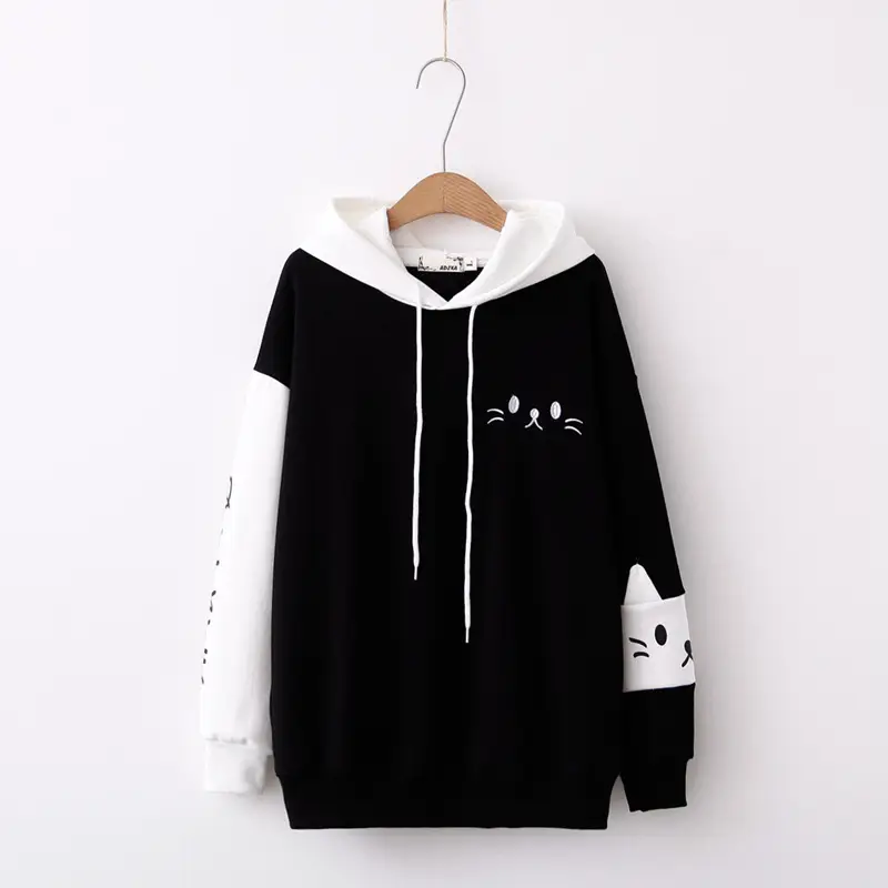 College Style Cartoon Color-Blocking Letters Kitten No Down Fleece Sweater