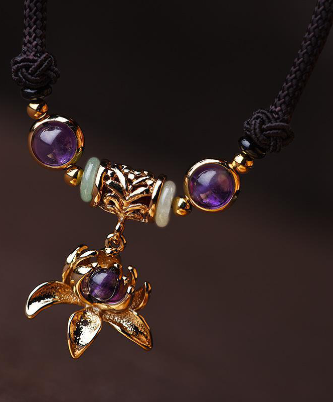 Ethnic Simplicity  Choker Amethyst Gold-plated Pendant Clavicle Chain