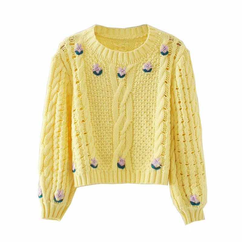 Puff Sleeve Retro Cable Crochet Yellow Pullover Sweater