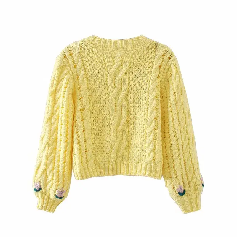 Puff Sleeve Retro Cable Crochet Yellow Pullover Sweater