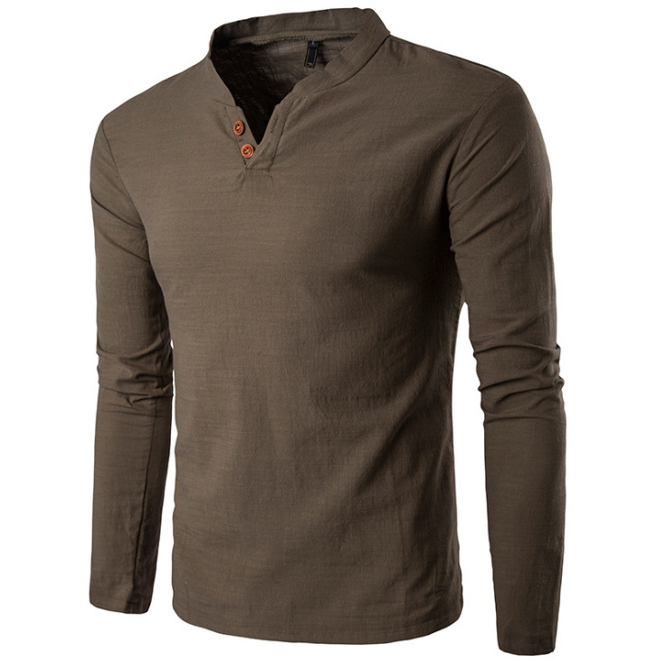 Men's Linen Stand Collar Two Button Long Sleeve Cotton Linen Shirt