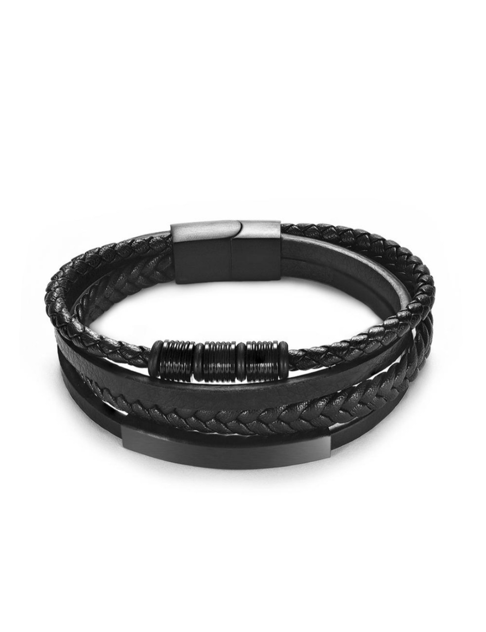 Stainless Steel Charm Men Bracelet Magnetic Clasp Braided Mutilayer Leather Wrapping Punk Rock Bangles