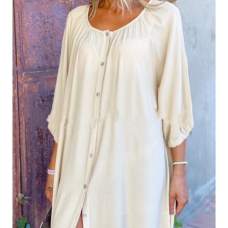 Round Neck Solid Color Long Skirt Split Loose Dress