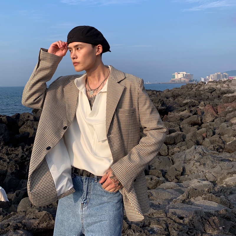 Plaid Suit Male Korean Edition Trend Loose Single Row