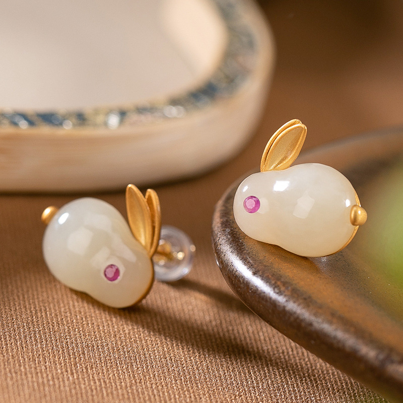 S925 Sterling Silver Plated Natural Gold Hetian Jade Earrings Cute All-match