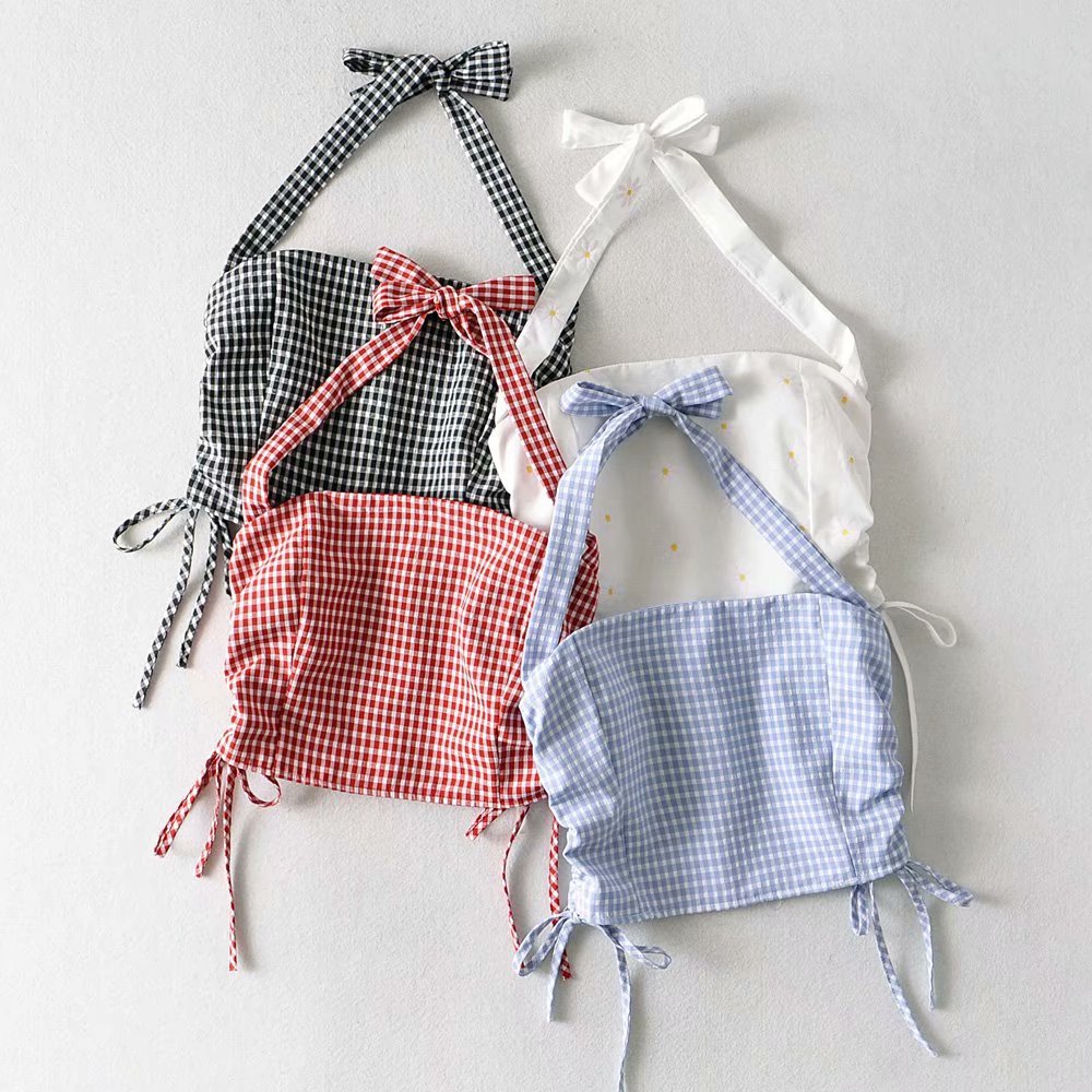 Wholesale Summer New Style Halter Neck Halter Lace Double Drawstring Plaid Vest Women