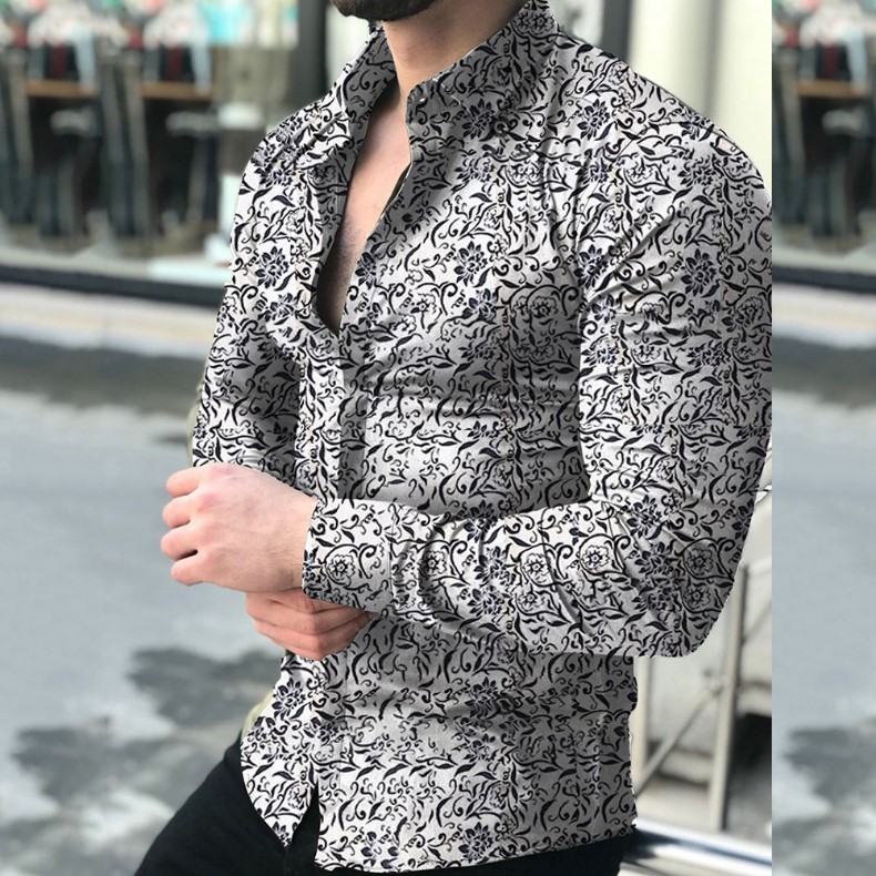 Muscular Men's Lapel Cardigan Floral Shirt Slim Shirt