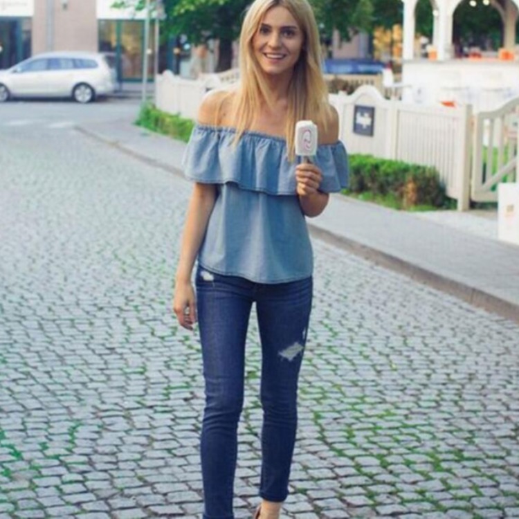 Denim Neckline Off-shoulder Lotus Leaf Top