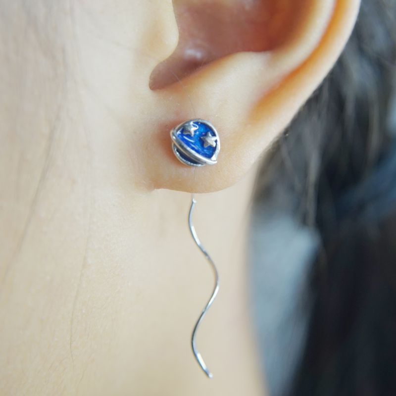 s925 Pure White Fungus Line Universe Planet Wave Ear Line Female Asymmetrical Star Moon Earrings Short Earrings