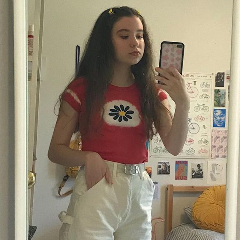 Flower T shirt Planet Print Contrast Color