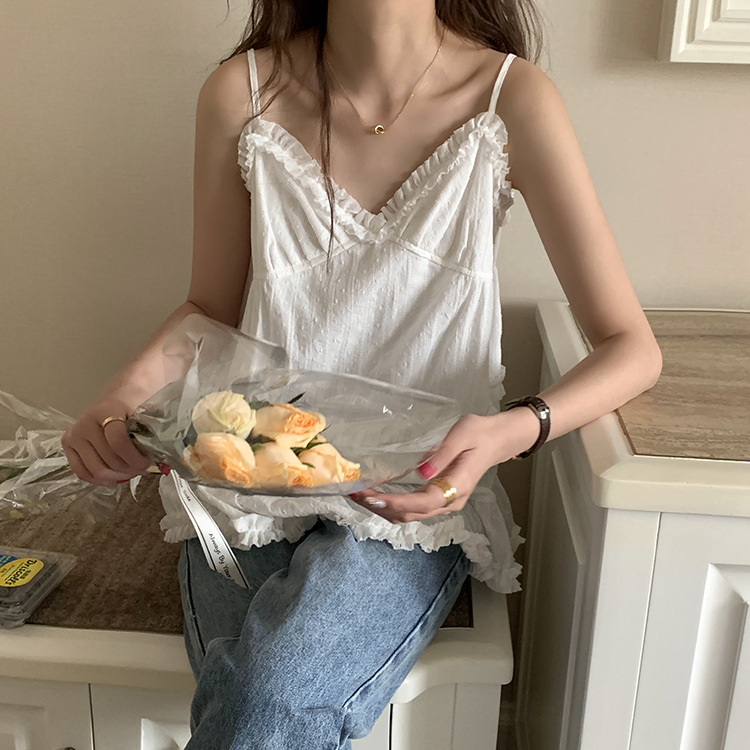 V-Neck Wooden Ear Edge Jacquard Suspender Women's Summer Chic Sweet Vest