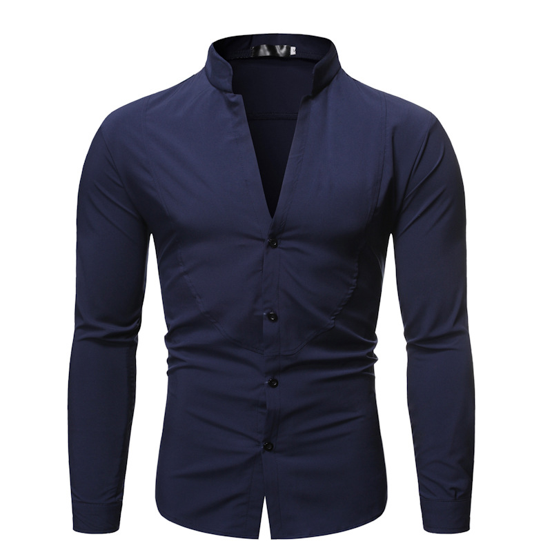 Solid Color Stand-up Collar British Style Long-sleeved Shirt