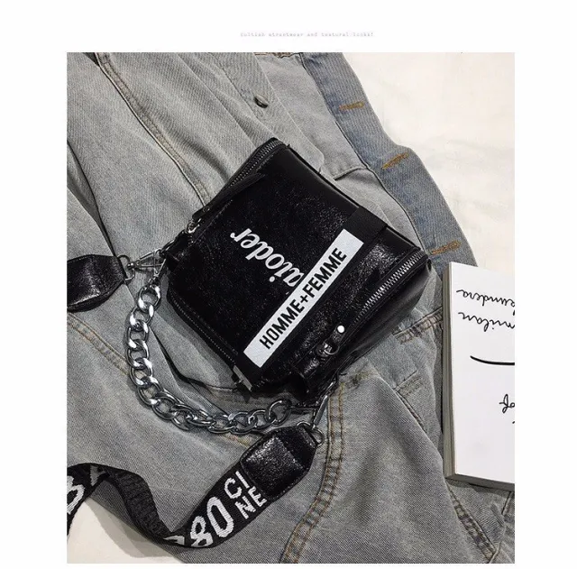 All Match Messenger One Shoulder Letter Wide Shoulder Strap Fashion Casual Bucket Bag Black - Shop at LoveMi