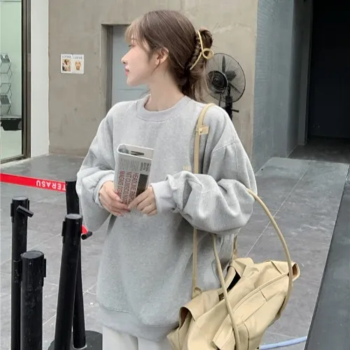 Weiyi Women"s Fashionable Blue Pullover New Korean Loose Chic Style Long Sleeve Top Light Grey - Shop at LoveMi