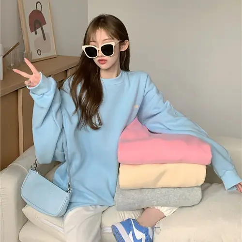 Weiyi Women"s Fashionable Blue Pullover New Korean Loose Chic Hong Kong Style Long Sleeve Top
