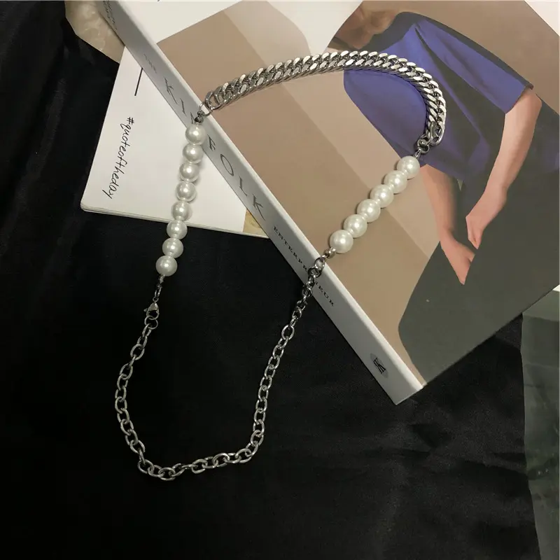 Titanium Steel Chain Stitching Pearl Necklace Cool