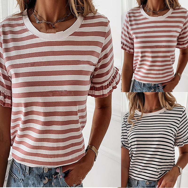 Striped Simple Style Short Sleeved Round Neck T Shirt Top Women's Clothing