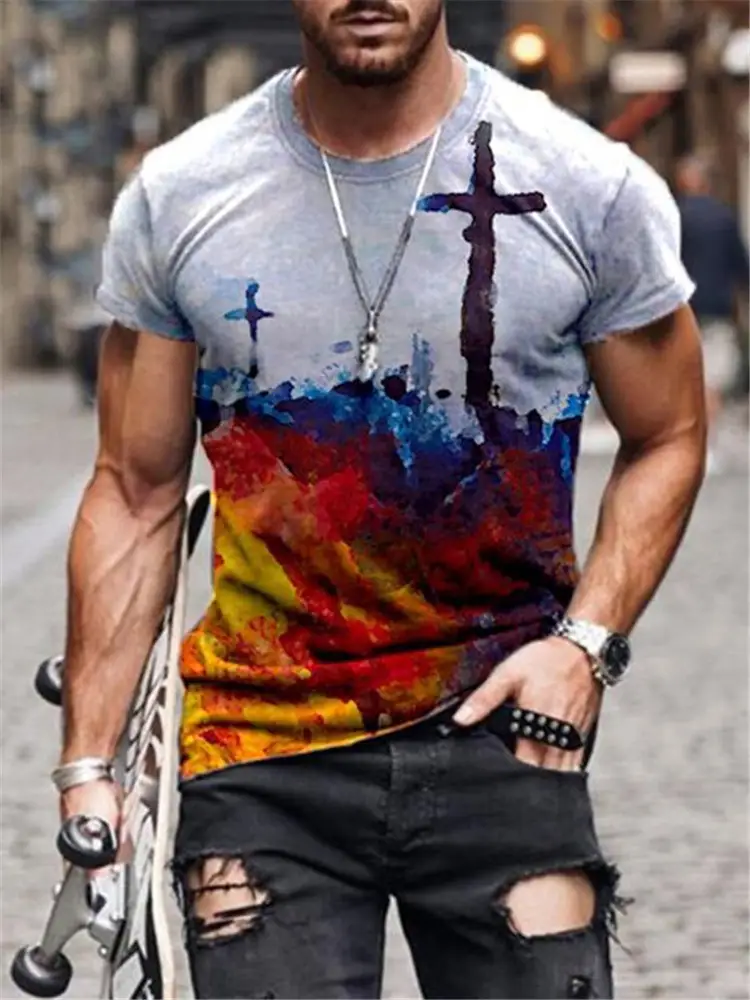 Men's T-shirt Cross Print Round Neck Short Sleeve