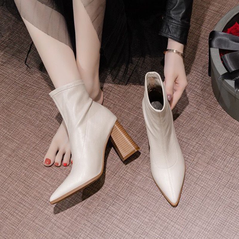 Net Red Thick Heel Pointed Toe Single Boots Nude Boots Suede