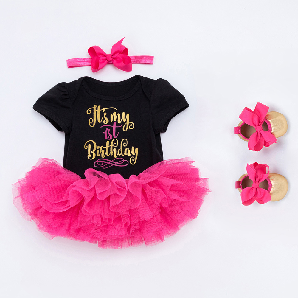 Black Short sleeved Romper Romper Red Tutu Skirt Four piece Suit